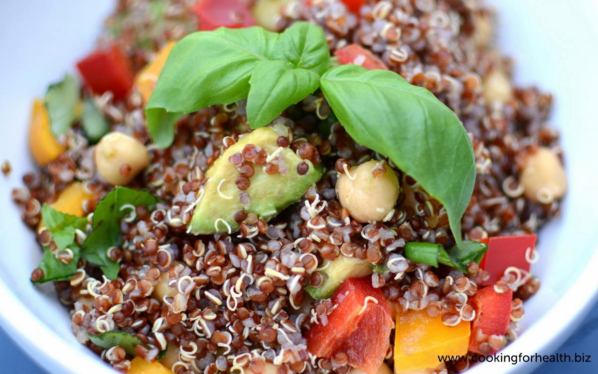 Cooking for Health Quinoa, chickpea (garbanzo), avocado and olive salad