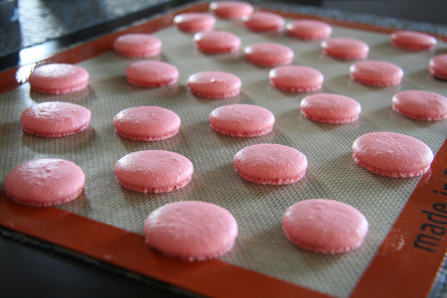 Finished macarons baked at 260F in a regular oven for 20 minutes using the italian meringue method. 