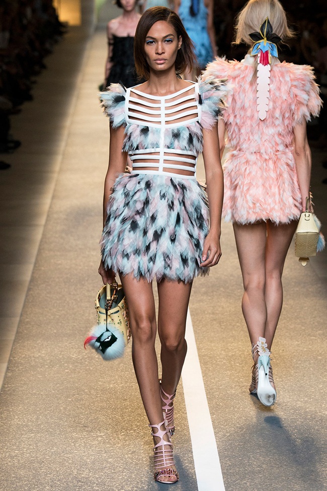 Fendi 2015 S/S Ready-to-Wear, Joan Smalls Fendi 2015 SS Leather & Organza Petals Dress on Runway
