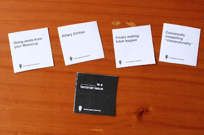 Feminist Cards Agains Humanity uses the word "Mooncup" twice.