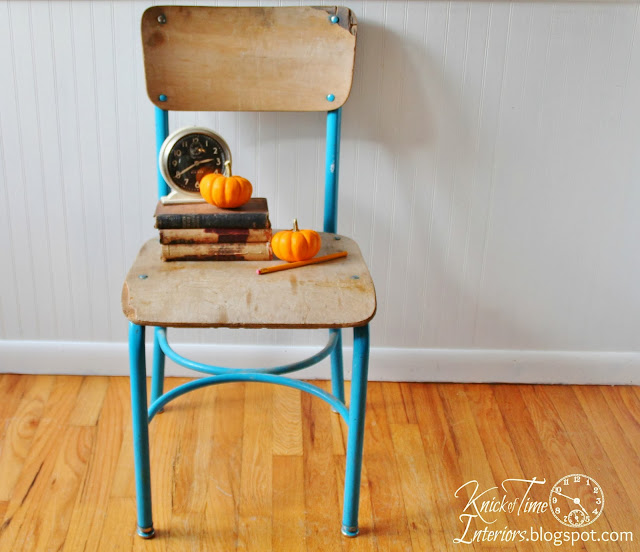 Mid-Century Antique Aqua Wooden School Chair Antique Clock Autumn Display via Knick of Time Mid-Century Antique Aqua Wooden School Chair Antique Clock Autumn Display via Knick of Time