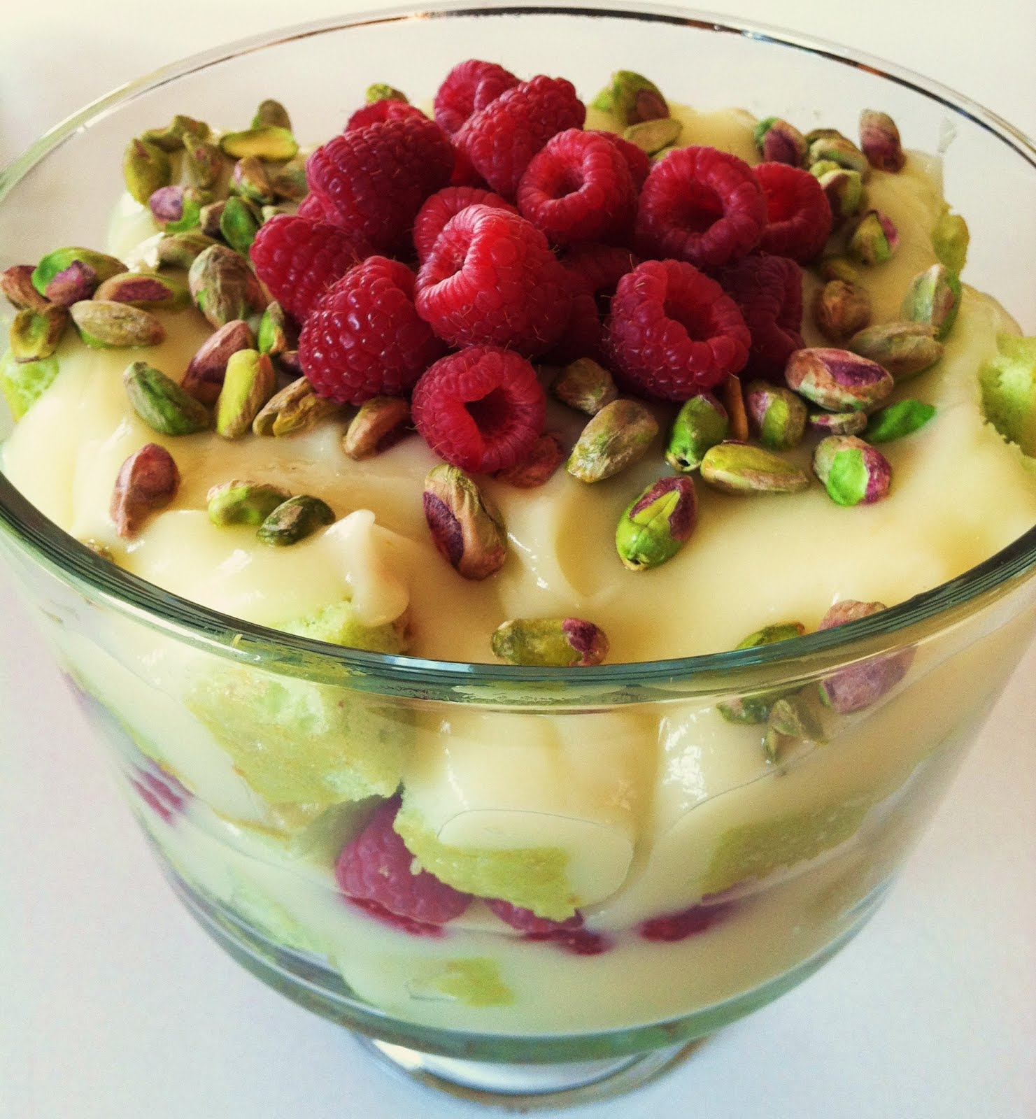 Sandie's Bitchin' Kitchen Pistachio, White Chocolate, and Raspberry Trifle