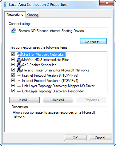 Remote Ndis Based Internet Sharing Device   Windows 7 -  2