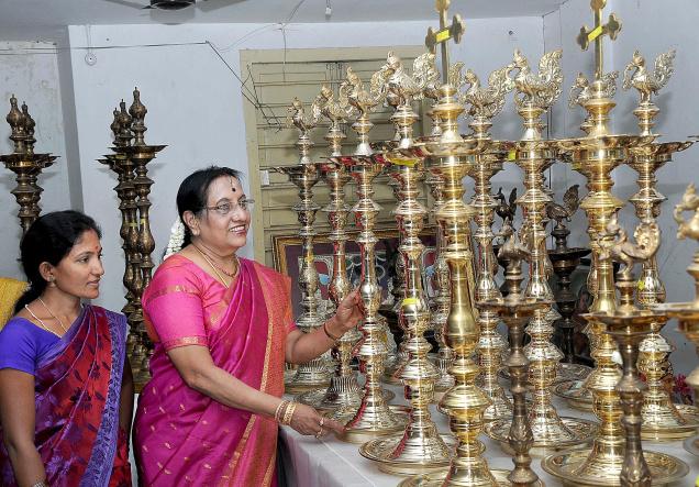 Exhibition of Traditional Lamps during Karthigai ( Festival of Lamps ) at  Poompuhar Emporium in TamilNadu, India - The Cultural Heritage of India