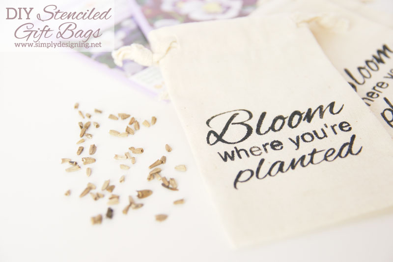 DIY Stenciled "Bloom" Gift Bag | cute cotton drawstring bags, stenciled and filled with flower seeds | perfect for #mothersday #teacherapprecviation #spring or #easter | #silhouette #vinyl