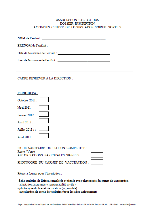 sac au dos dossier inscription enfant