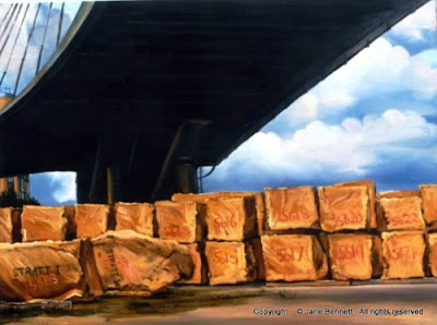 plein air oil painting of sandstone excavated from Paradise Quarry,McCaffrey's stables, Pyrmont stored under Anzac Bridge  painted by industrial heritage artist Jane Bennett