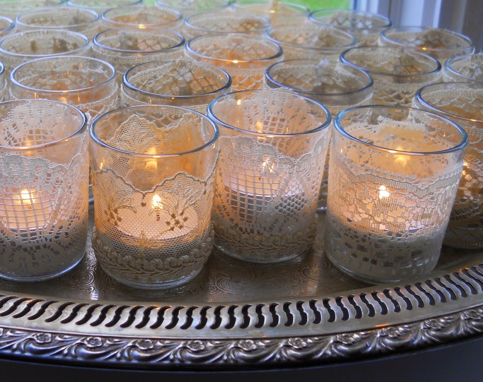 Kathys Cottage Lace Covered Votives for the Wedding