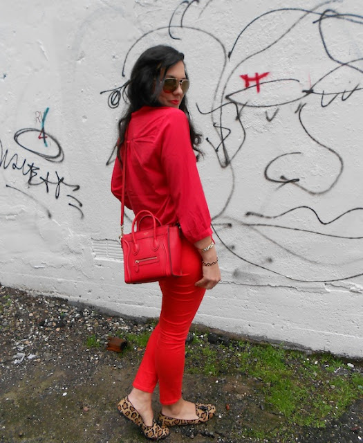 Cherry red monochrome outfit, leopard loafers and Celine Nano handbag