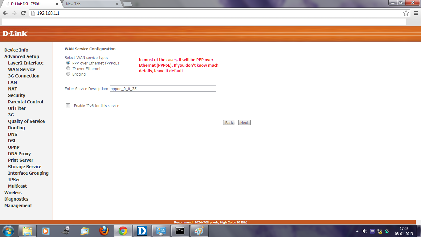 Now in WAN Service Configuration , Select "PPP over Ethernet"