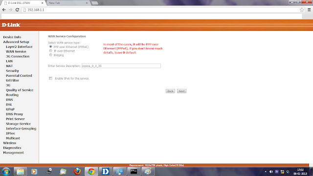 Now in WAN Service Configuration , Select "PPP over Ethernet"