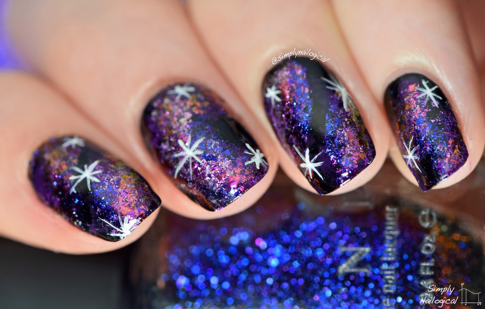 Simply Nailogical Dark galaxy nails using ultrachrome flakies