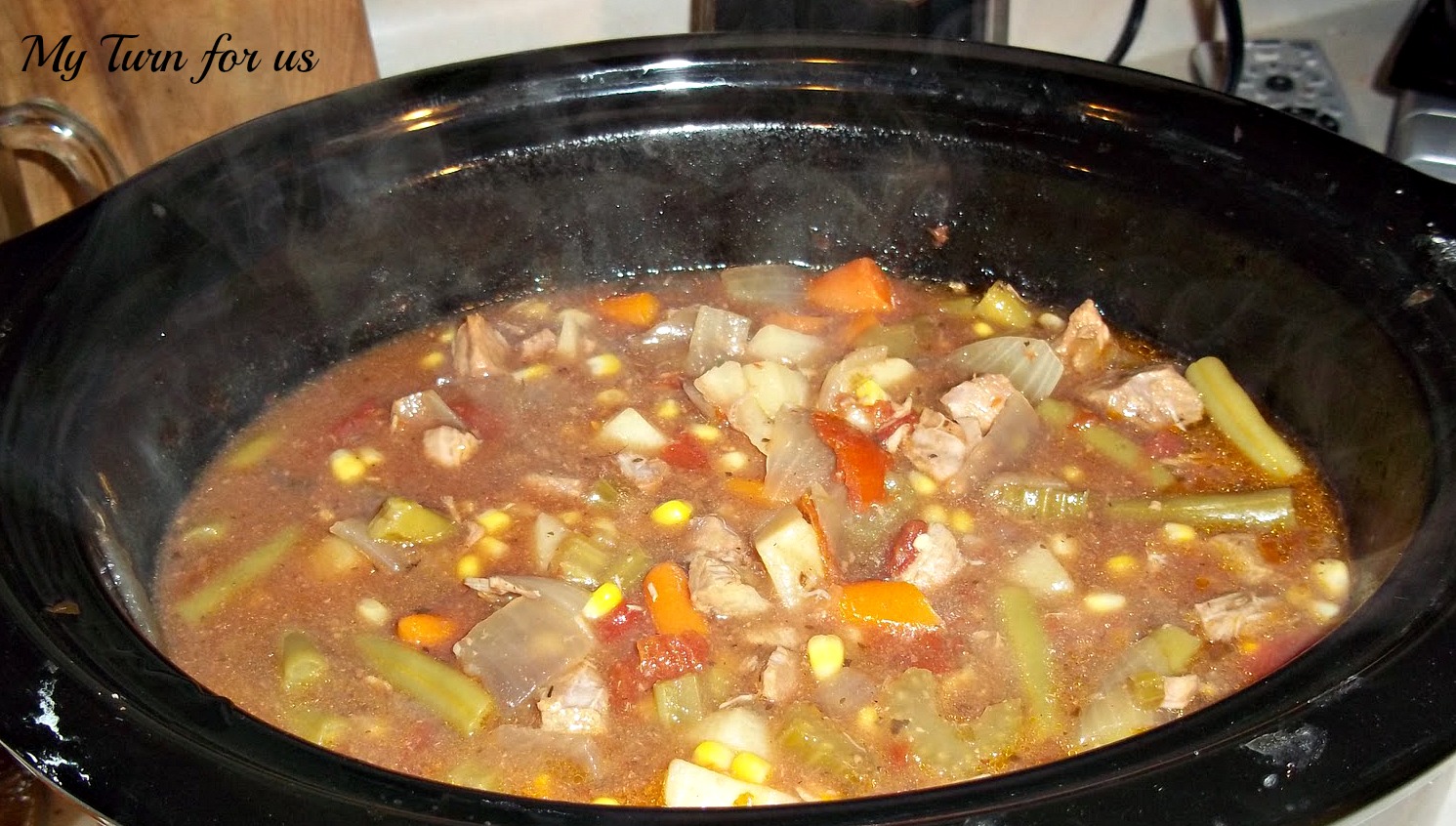 My Turn for us Crock Pot Beef Veggie Soup w/cornbread mini muffins