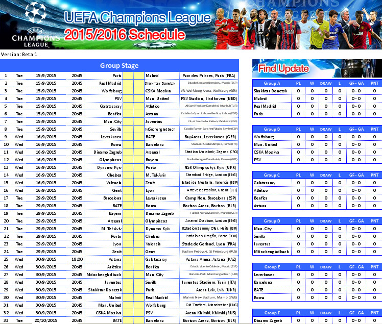 Free Download UEFA Champions League 2015/2016 Schedule (File Excel)