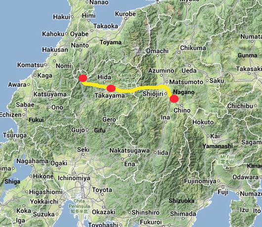 This trip's map : Three red marks are this sightseeing areas. A yellow line is this route.