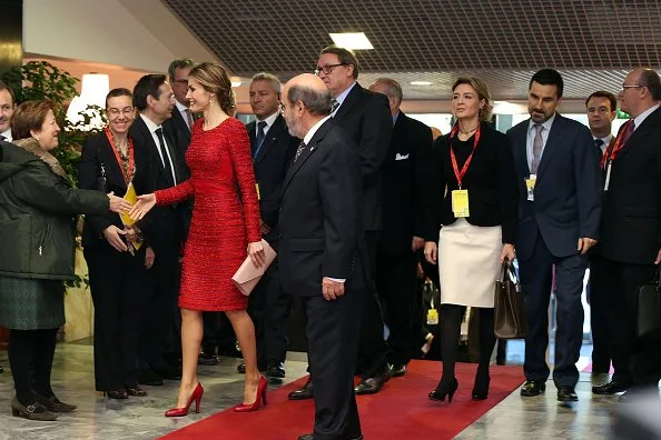 Director of the FAO Jose Da Silva greets Queen Letizia of Spain as she arrives at the FAO headquarter for the second international conference on nutrition