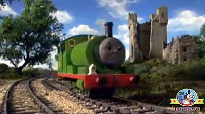 Thomas the blue train spotted steam tank Percy the small engine fare away in the distance help he cried