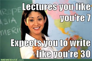 The meme 'Terrible Teacher.' A young Asian lady is standing in front of a blackboard and map, pointing at a location on the map and the viewer. The caption across the top reads 'Lectures you like you're 7' and along the bottom reads 'Expects you to write like you're 30.'