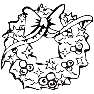 X mas wreath decoration coloring page picture for kids with mistletoe,stars,baubles,ribbon
