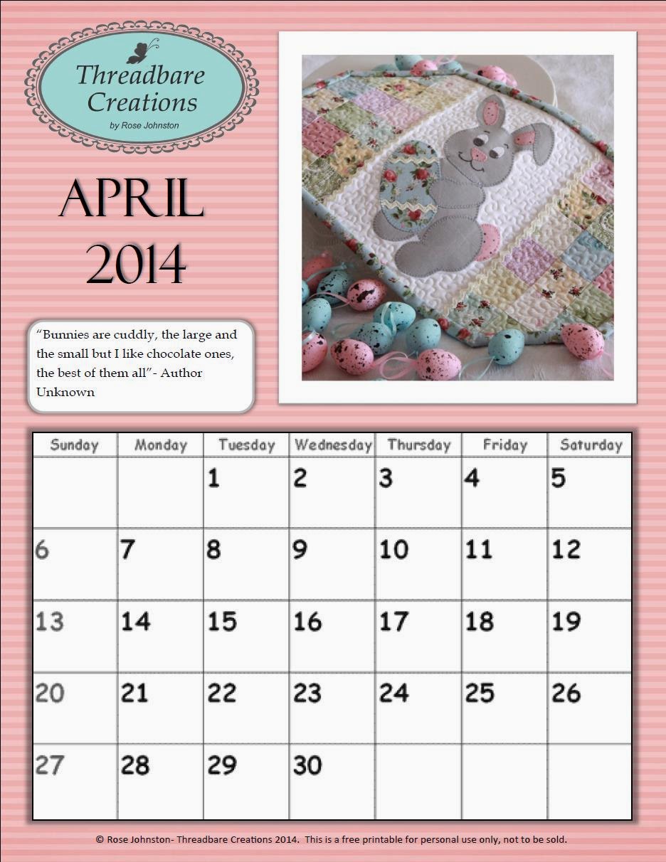 Free April Calendar Threadbare Creations