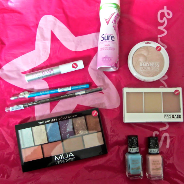 A picture of products bought in Superdrug such as Barry M nail varnish, MUA and Sure deodrant