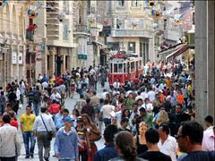 no traffic in istiklal only nostalgic tram and people walkside