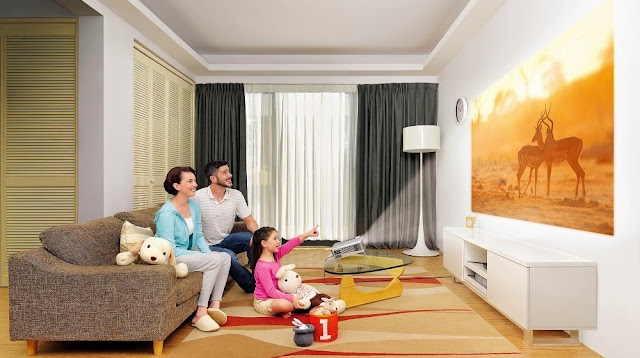 The BenQ W1070+ and W1080ST+ projectors' living room scenario promo visual. BenQ home video Projector W1070+ W1080ST+ living room scenario