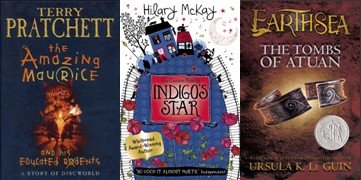 The Amazing Maurice and His Educated Rodents by Terry Pratchett, Indigo's Star by Hilary McKay, The Tombs of Atuan by Ursula K. Le Guin