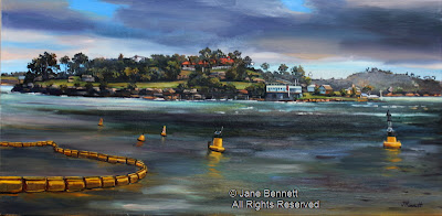 oil painting of Goat Island from Moore's Wharf, Millers Point by artist Jane Bennett