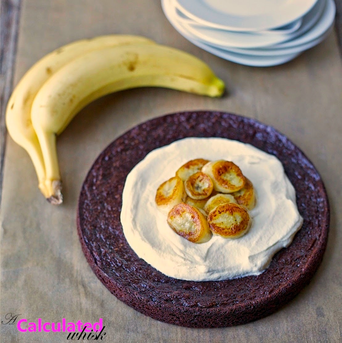 Fried Banana Brownie Cake with Honey Whipped Cream | acalculatedwhisk.com #primal #glutenfree #grainfree
