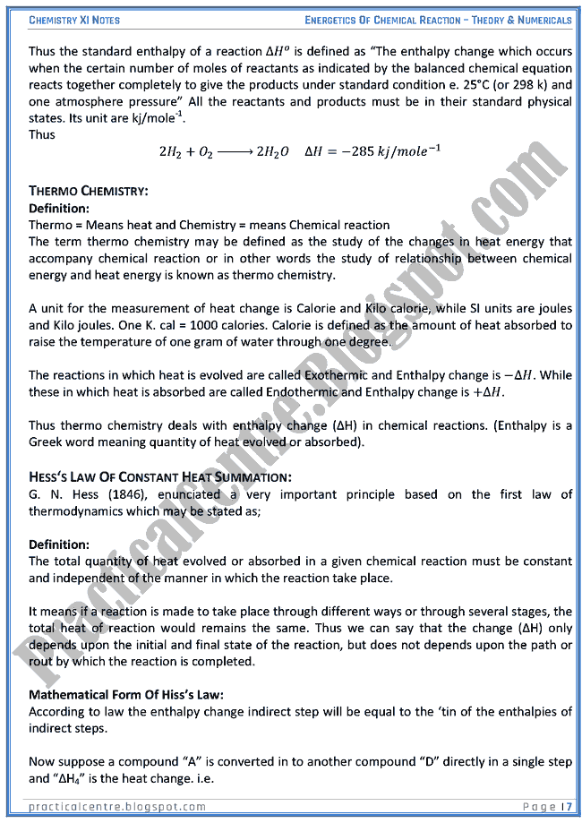 Energetics Of Chemical Reaction - Theory And Numericals (Examples And Problems) - Chemistry XI