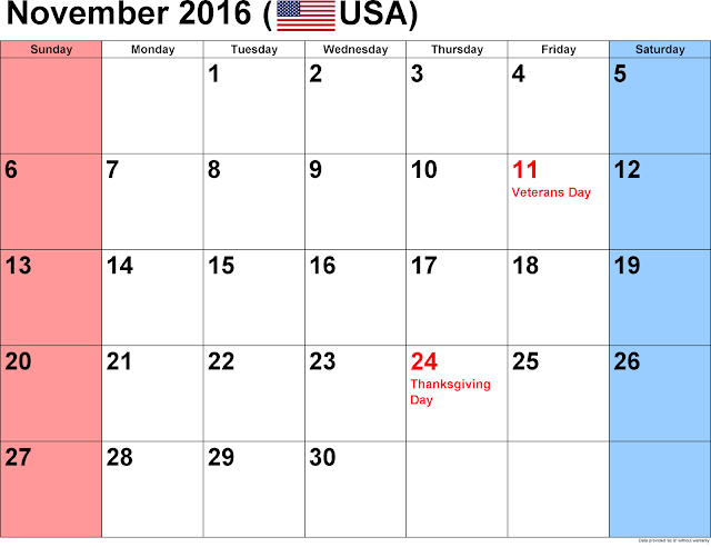 November 2016 Calendar with US Holidays Free, November 2016 Printable Calendar Cute Word Excel PDF Template Download Monthly, November 2016 Blank Calendar Weekly