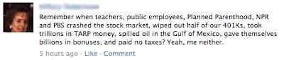 Facebook post with added words for public employees, spilled oil in the Gulf of Mexico and billions in bonuses.