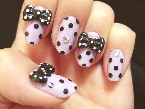 White Nails with Black dots and bow Accented
