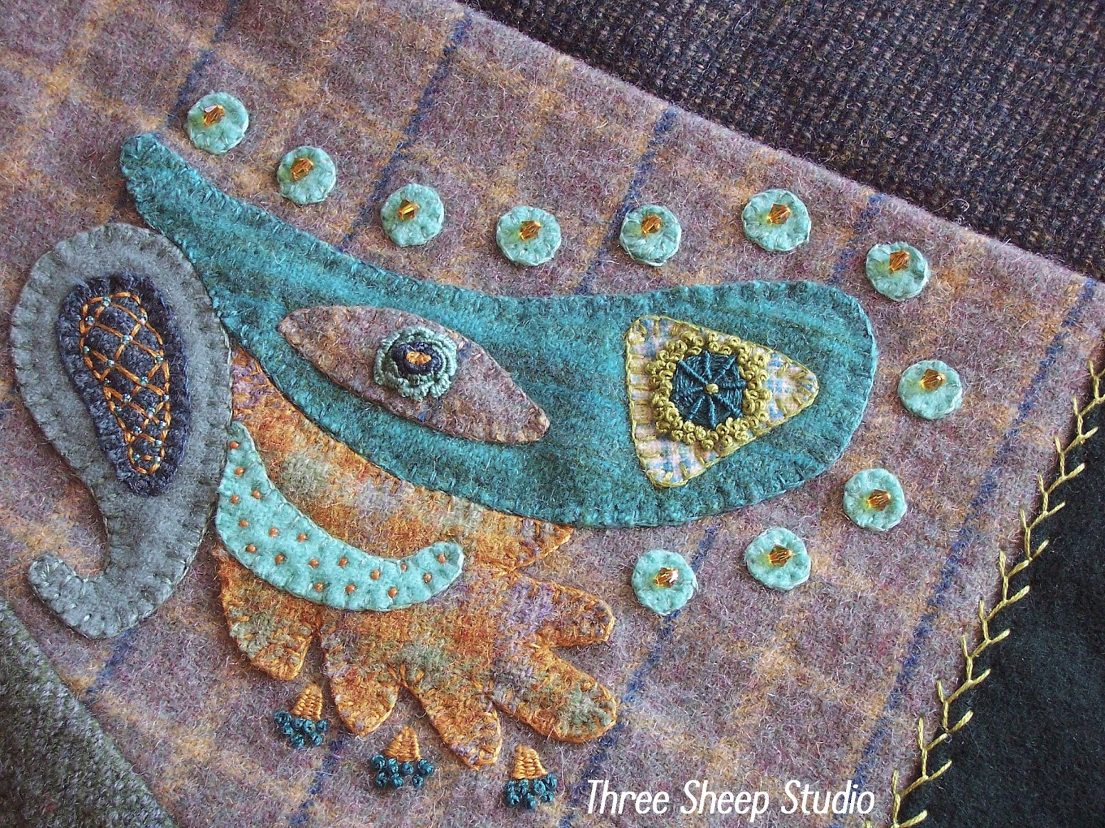 Three Sheep Studio Embellished Wool Crazy Quilt Block...