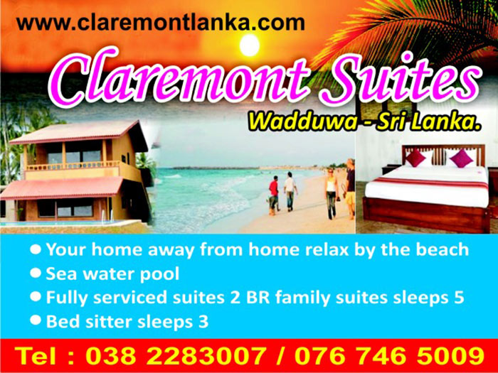 Claremont Suites situated in Wadduwa just 30 Kilometers from central Colombo heading South by the coast is abundant with Marine Life which is the main live hood of people in the surroundings. Enjoy the scenes of fishing and toddy taping relaxing in your suite or on the sit out sun bathing by the salt water pool.