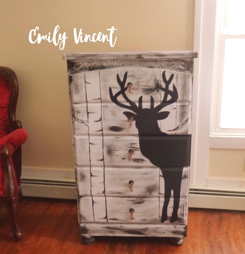 Sweetly Scrapped Home Birch Tree Dresser with Buck (Deer) Wrapped Around