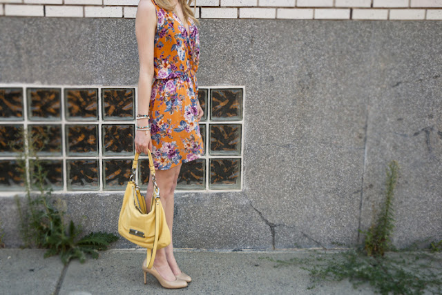 vintage orange flower inlovewithfashion LOVE wrap dress nude pumps banana yellow Coach leather bag wavy hair fat curl stick