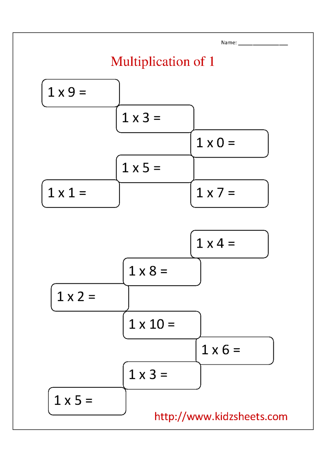 Kidz Worksheets: Second Grade Multiplication Table 1