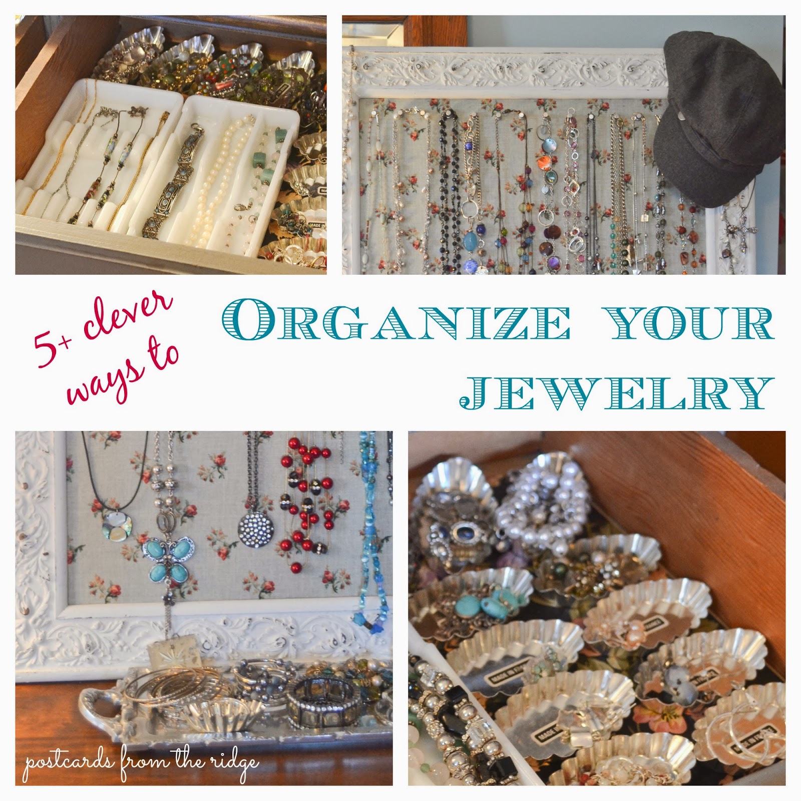 How clever!  Different vintage items repurposed for jewelry organization.  Love it.