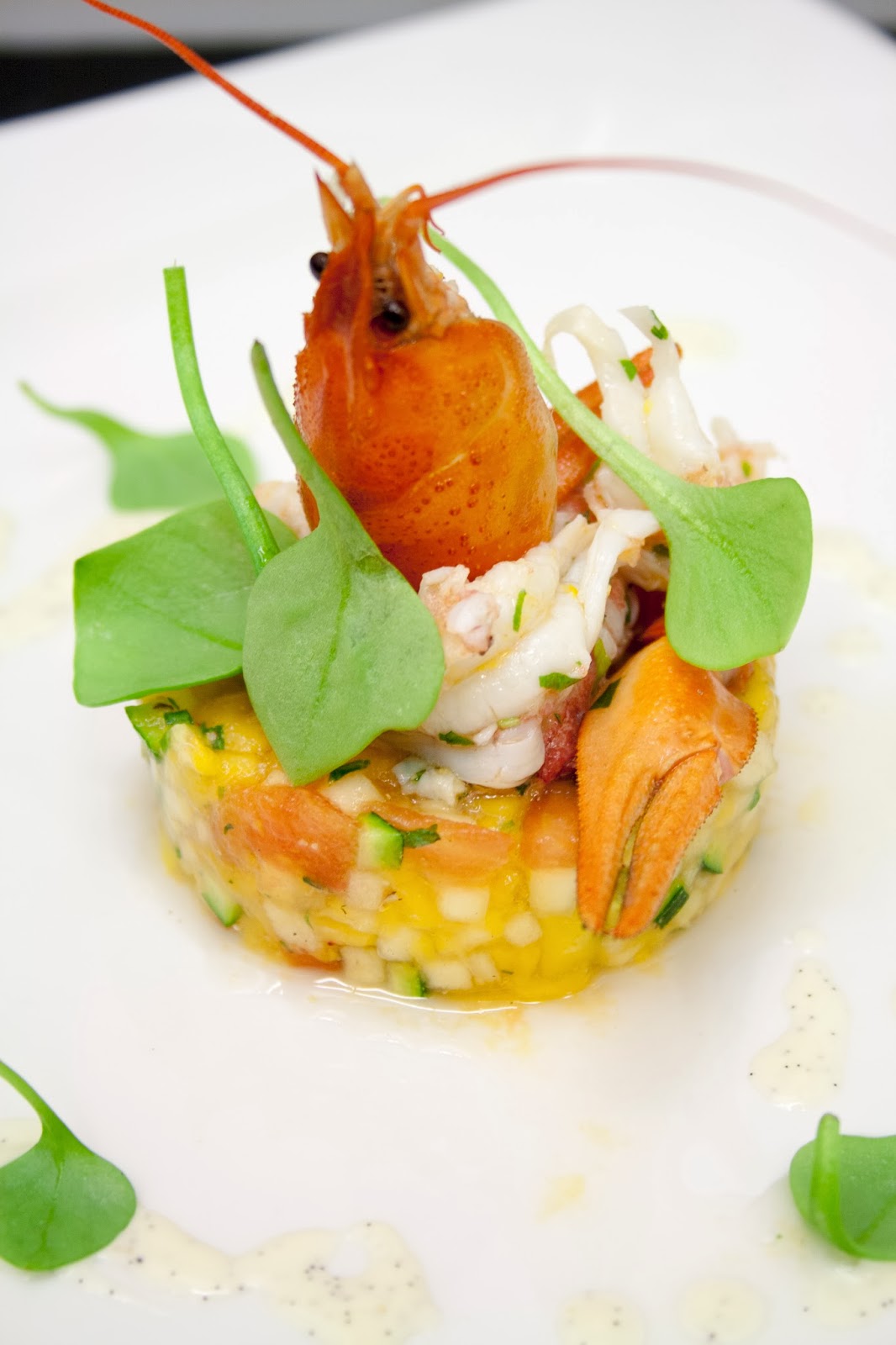 Rivierkreeftjes, mango, appel, mergpompoen, vanille