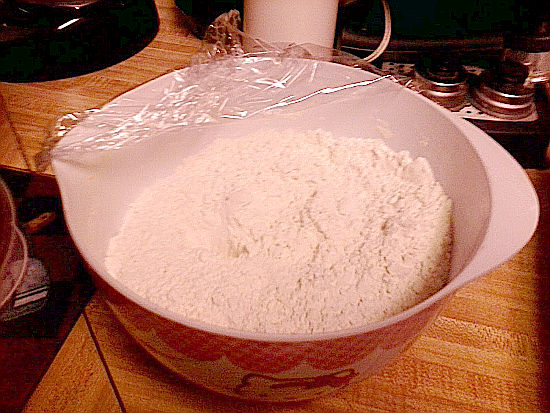 Mixing Bowl with flour, stevia, cinnamon, lemon peel for German Tarts.