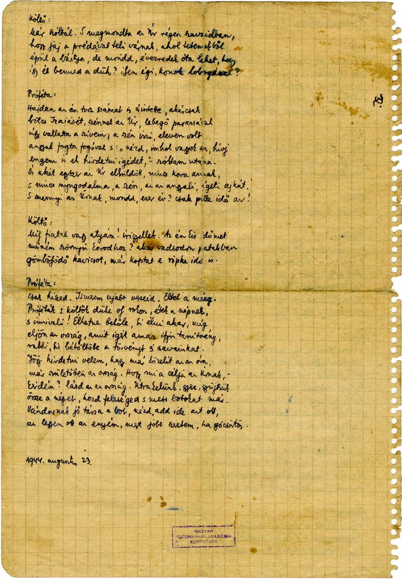 Magyar Versek Poemes En Francais Linda Tebinfea Radnoti Miklos Kezirata A Nyolcadik Ecloga Kezirata 1944 Augusztus 23