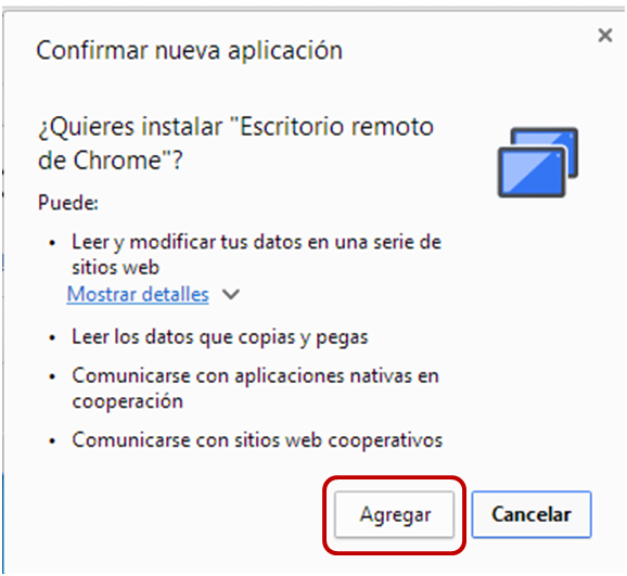 ventana de confirmacion para agregar nueva aplicacion a chrome