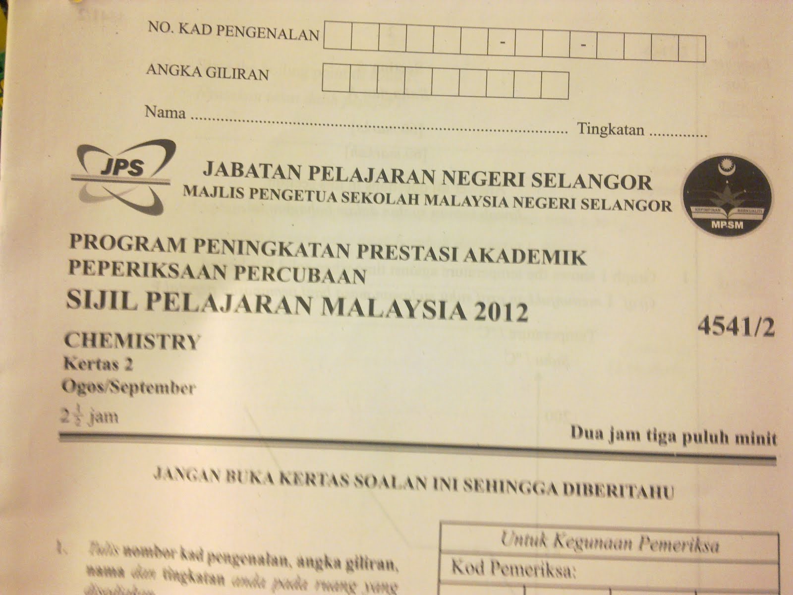 Soalan kertas 2 Kimia Percubaan Selangor 2012