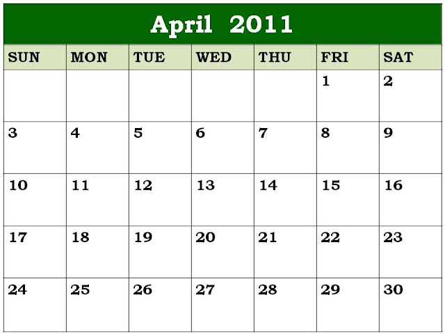 blank 2011 calendar april. Free Blank Planner April 2011