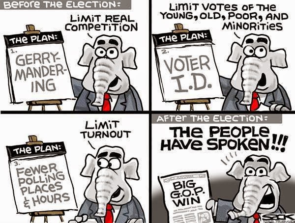The Republican Plan: Gerrymandering, Voter ID, Limiting Polling Places and Hours. After the election, Republican shouts,