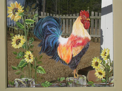 Rooster and sunflowers on window