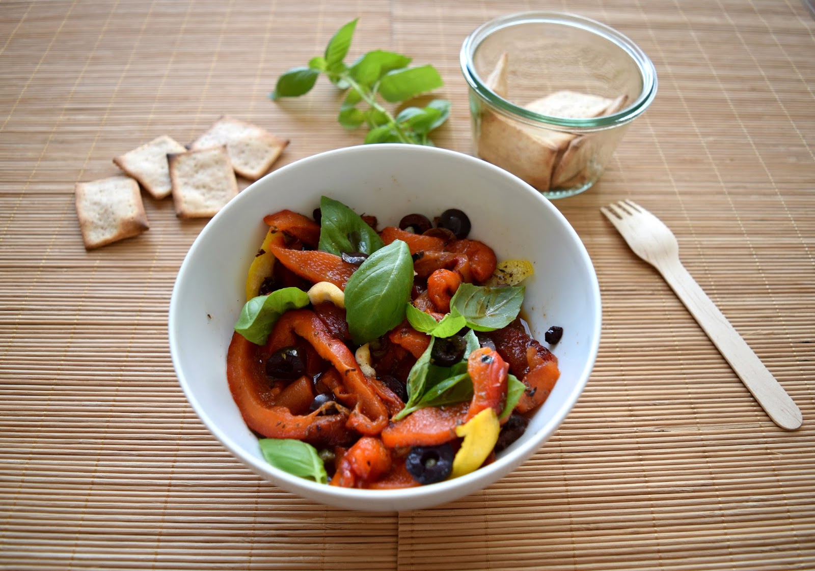 KITCHEN IN THE SAND Grilled pepper salad with capers, olives and lemon