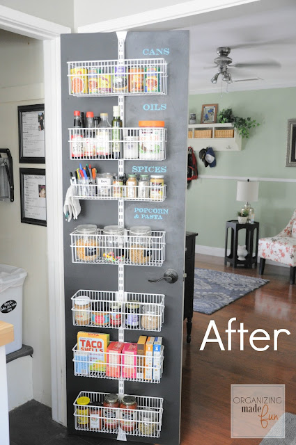AFTER: Organized back of door pantry with chalkboard :: OrganizingMadeFun.com